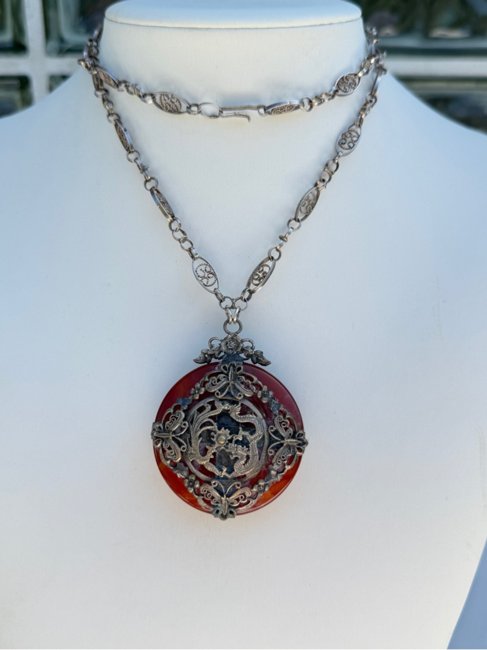 Vintage Carnelian Dragon Pendant Necklace. Long Sterling Silver Chain Necklace.
